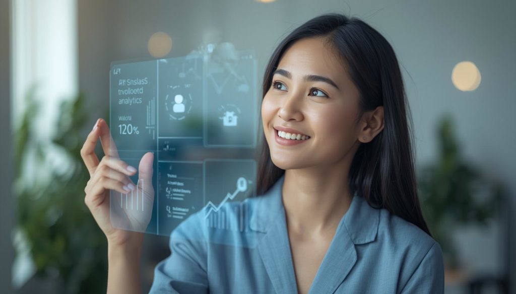 Pengusaha UMKM Indonesia menggunakan teknologi AI untuk memantau analitik penjualan dan otomatisasi bisnis.