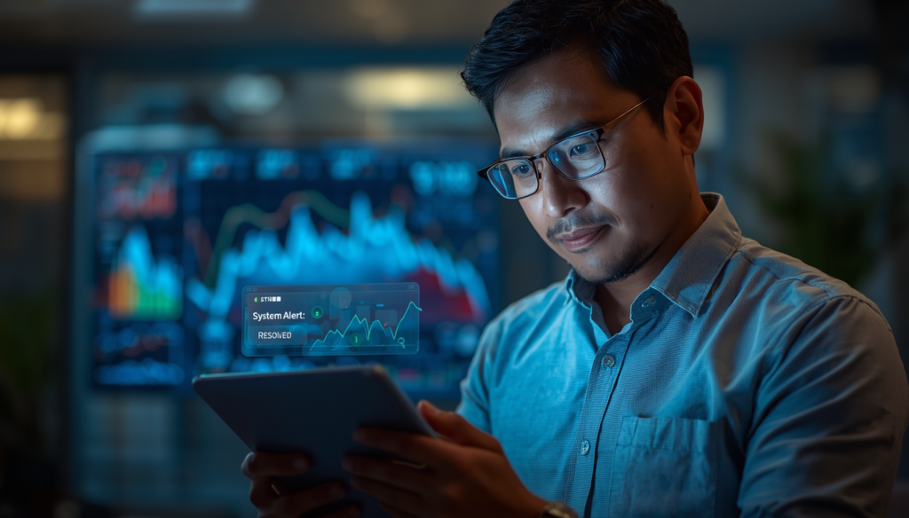 Pengusaha UMKM yang tenang mengelola situasi krisis menggunakan dashboard pemantauan digital yang terintegrasi.