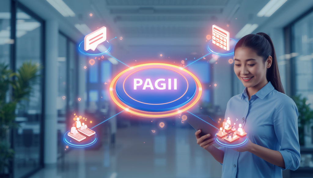 Ilustrasi ekosistem digital terpadu Pagii yang menghubungkan chat, billing, e-meterai, dan manajemen HR dalam satu pusat kendali