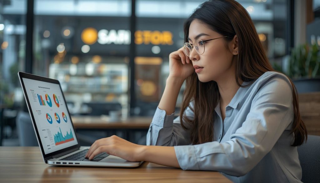 Pemilik UMKM sedang menganalisis laporan penjualan melalui dashboard digital untuk mengambil keputusan bisnis.