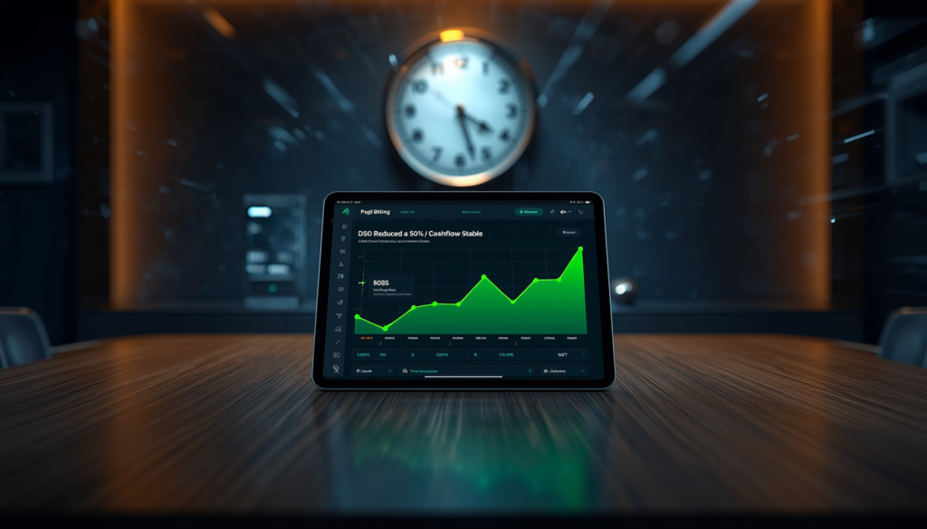 Dashboard analitik sistem otomasi penagihan Pagii Billing yang menampilkan visualisasi grafik penurunan angka DSO finansial.